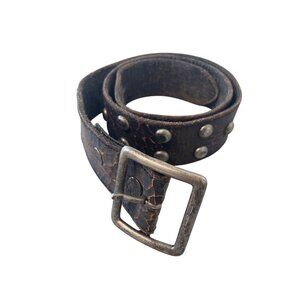 Y2K American Eagle Genuine Leather Belt 34 Distressed Black Brown Studded